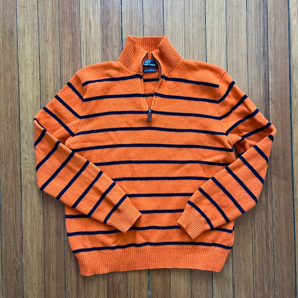 Polo Ralph Lauren 1/4 Zip 100% Lambs Wool Sweater Mens L Mock Neck Orange Stripe